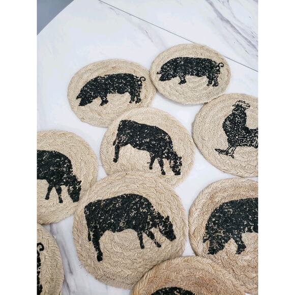 VHC Brand Coasters Cumberland Jute Rustic 4in Set of 15 Cow Chicken Pig Hen Farm - Picture 3 of 9